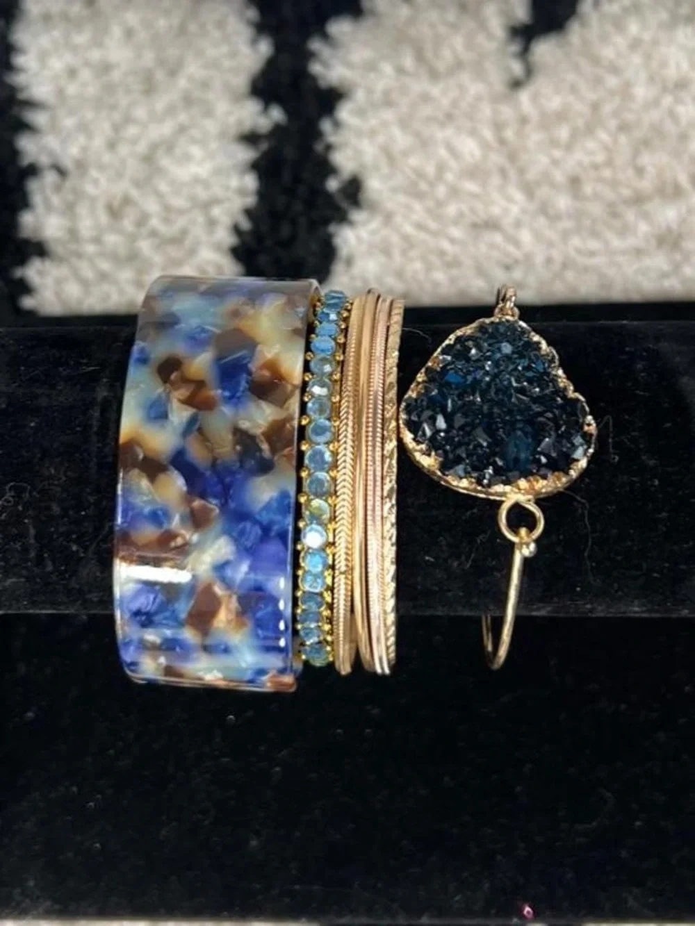 Y2K Gold Tone Multi-Blue Stackable Bracelet Set with Blue Druzy Charm